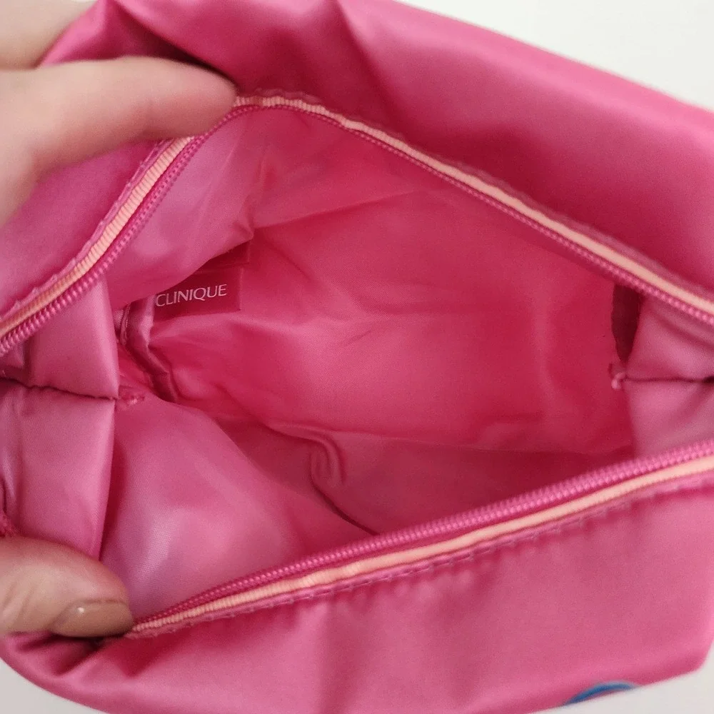 Clinique Pink Satin Glow Embroidered Patch Makeup Cosmetic Bag Travel Pouch NWOT
